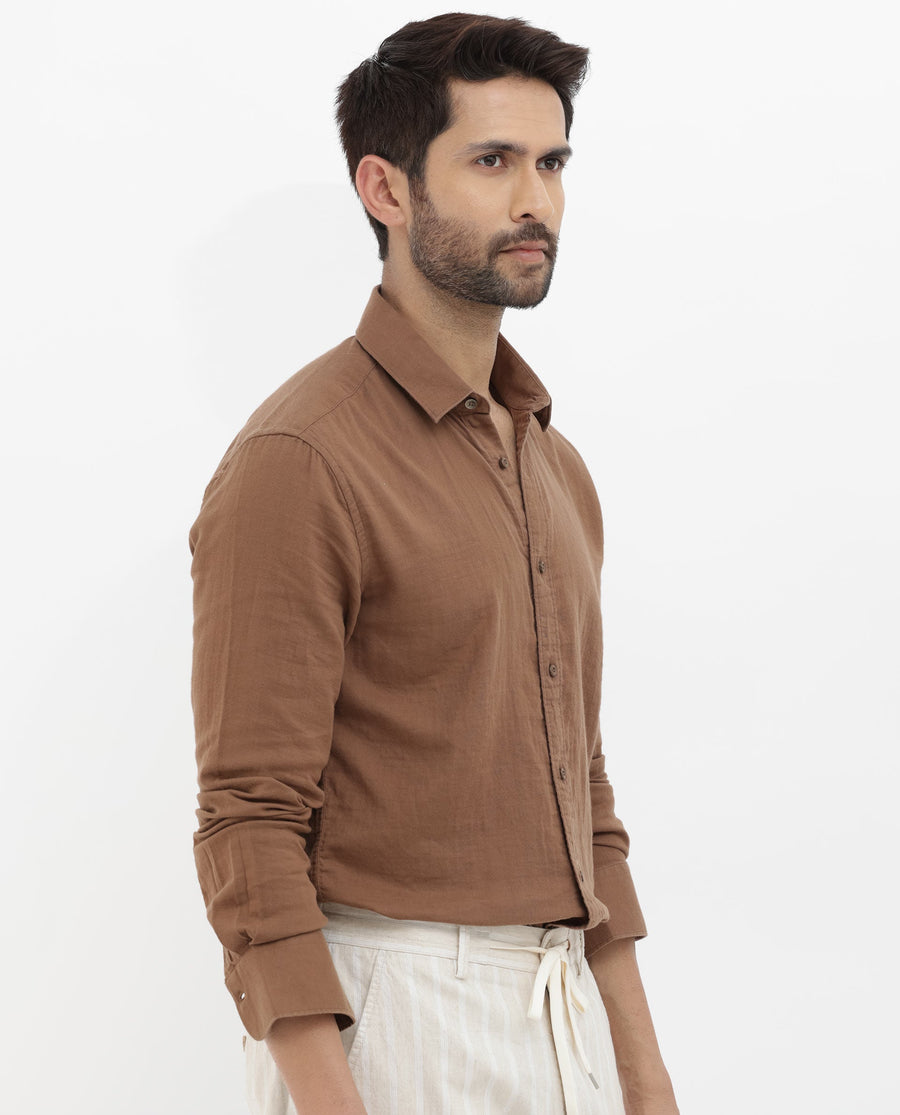 Rare Rabbit Men's Layerr Brown Cotton Plain Regular Fit Full Sleeve Collared Shirt
