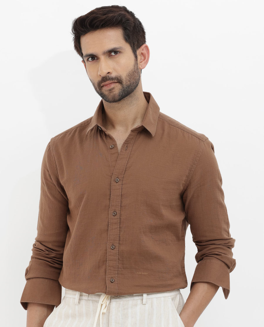 Rare Rabbit Men's Layerr Brown Cotton Plain Regular Fit Full Sleeve Collared Shirt