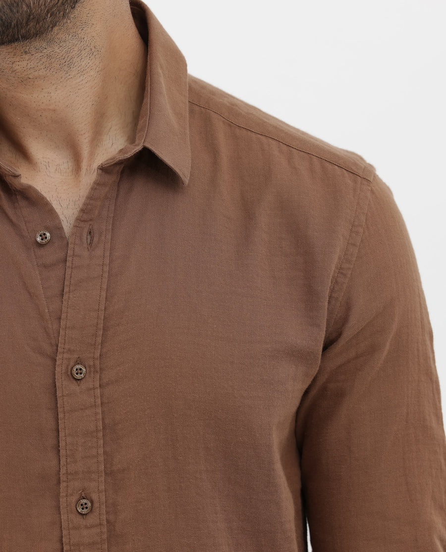 Rare Rabbit Men's Layerr Brown Cotton Plain Regular Fit Full Sleeve Collared Shirt