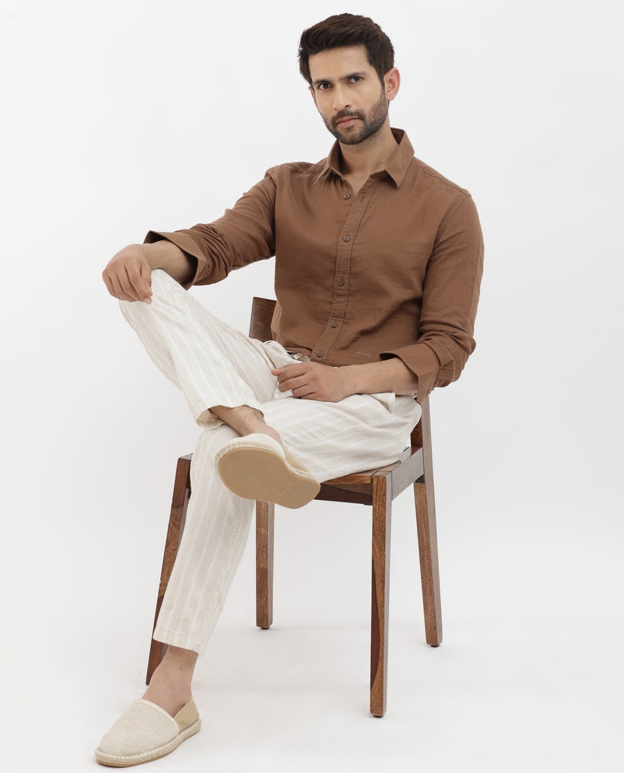 Rare Rabbit Men's Layerr Brown Cotton Plain Regular Fit Full Sleeve Collared Shirt