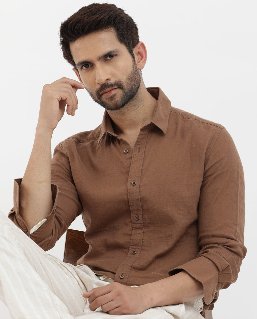 Rare Rabbit Men's Layerr Brown Cotton Plain Regular Fit Full Sleeve Collared Shirt