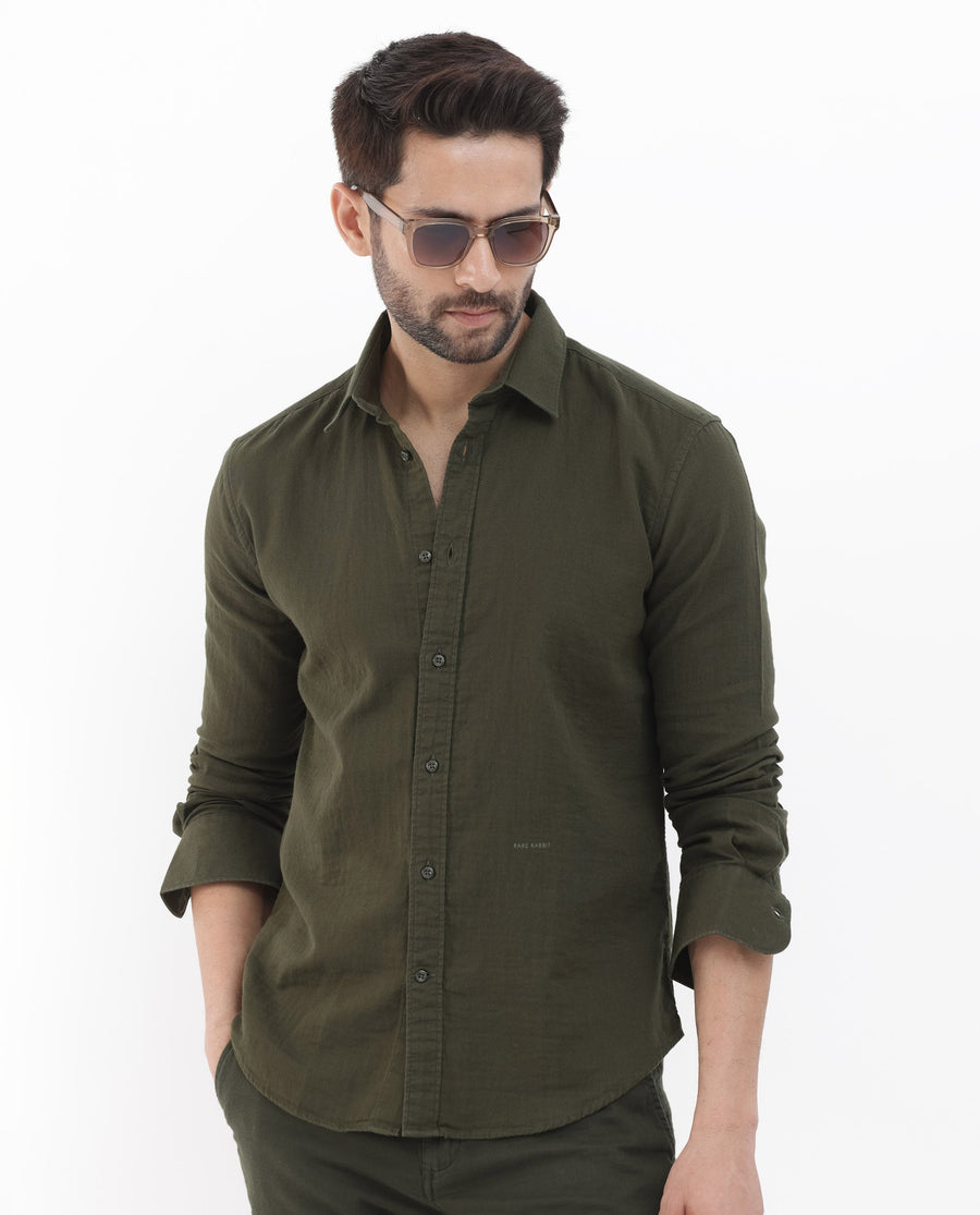 Rare Rabbit Men's Layerr Olive Cotton Plain Regular Fit Full Sleeve Collared Shirt