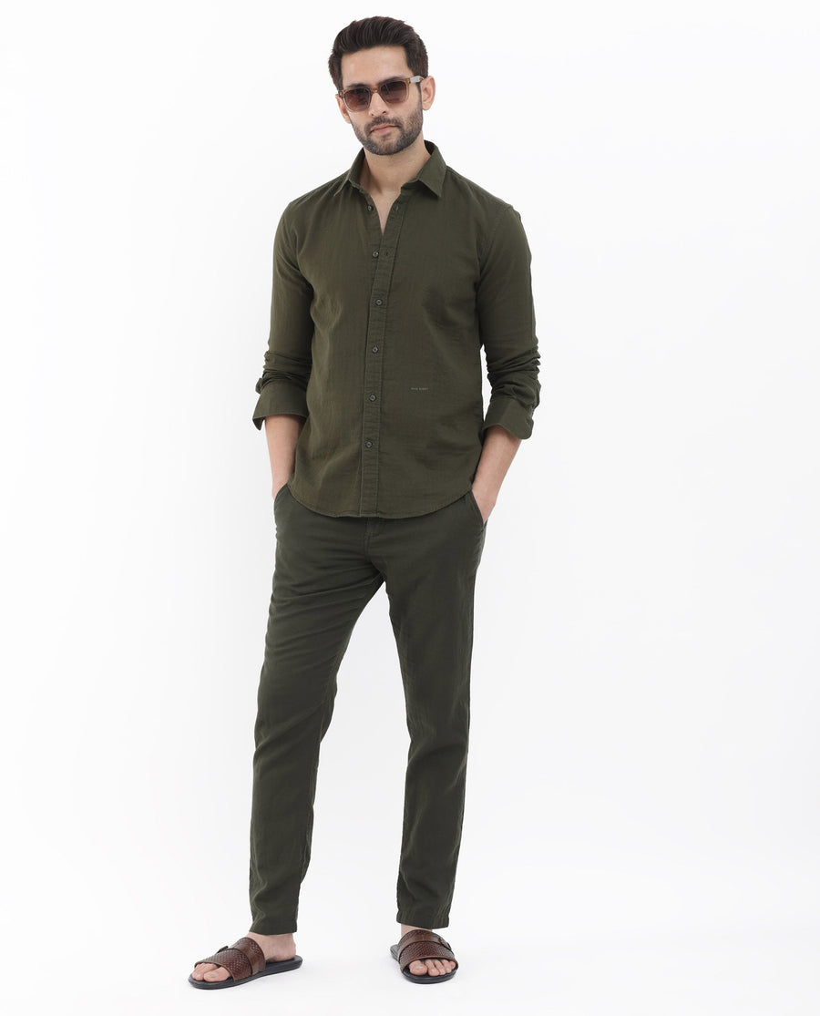 Rare Rabbit Men's Layerr Olive Cotton Plain Regular Fit Full Sleeve Collared Shirt