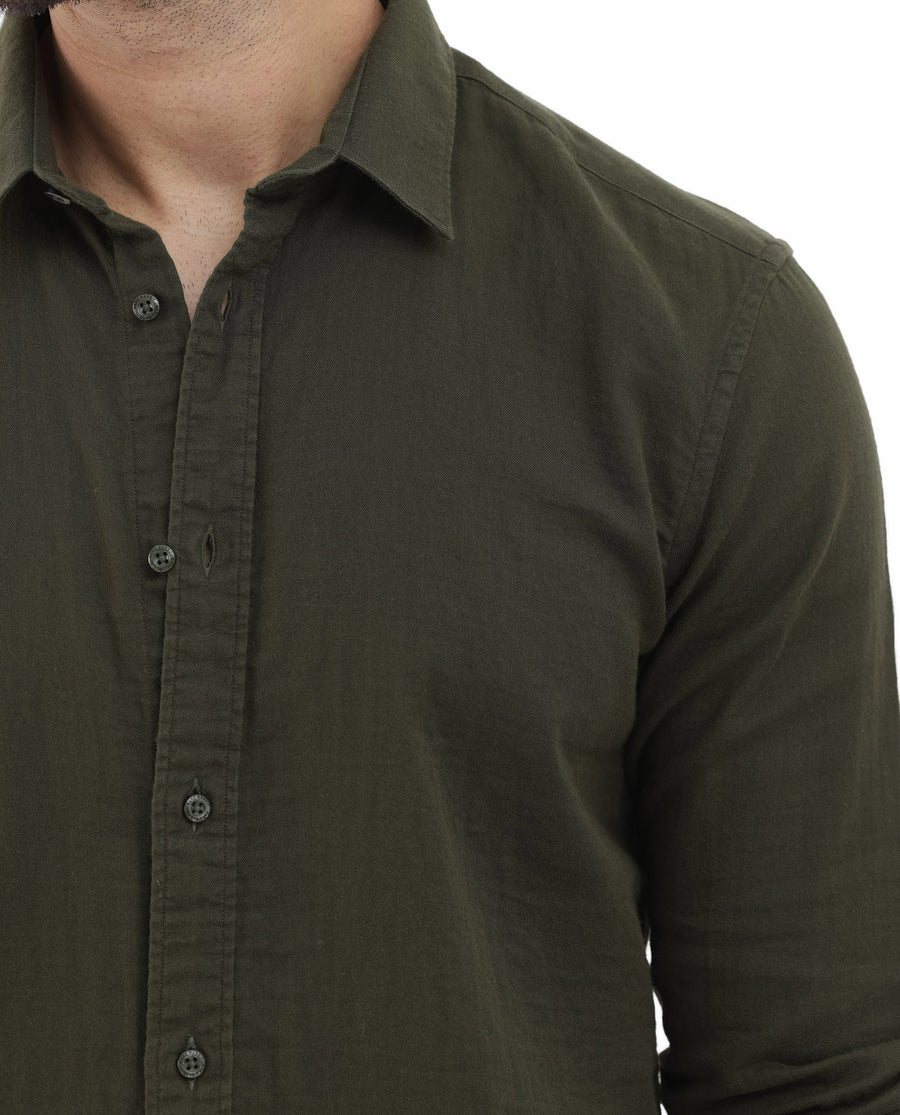 Rare Rabbit Men's Layerr Olive Cotton Plain Regular Fit Full Sleeve Collared Shirt