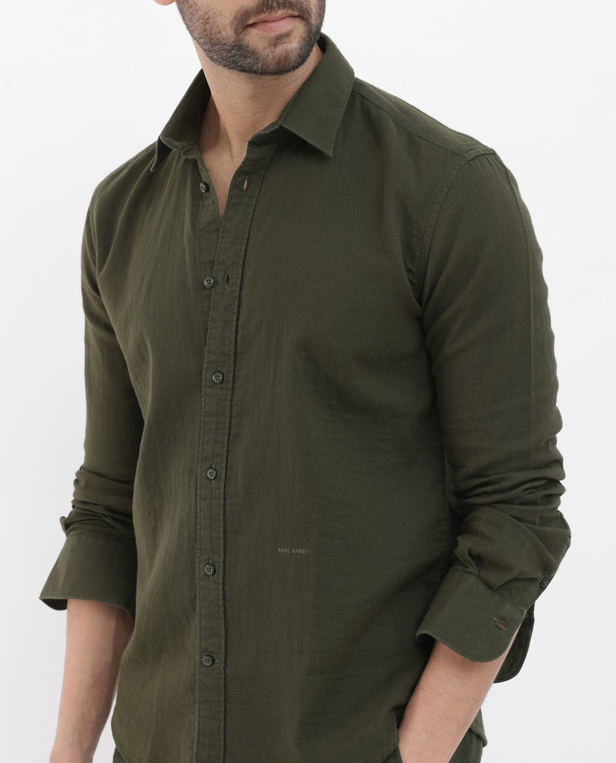 Rare Rabbit Men's Layerr Olive Cotton Plain Regular Fit Full Sleeve Collared Shirt
