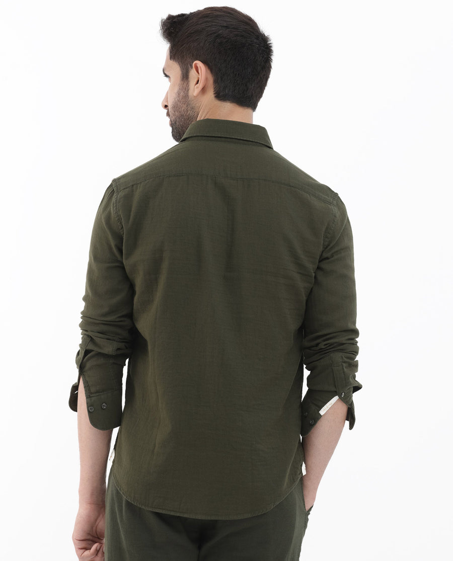 Rare Rabbit Men's Layerr Olive Cotton Plain Regular Fit Full Sleeve Collared Shirt