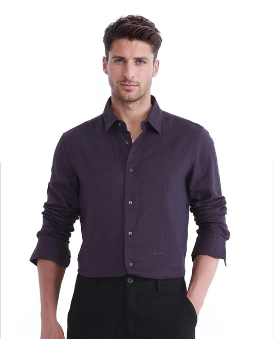 Rare Rabbit Men's Layerr Ls-25 Purple Cotton Plain Regular Fit Full Sleeve Collared Shirt