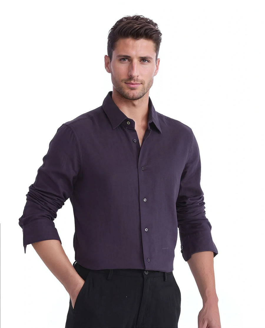 Rare Rabbit Men's Layerr Ls-25 Purple Cotton Plain Regular Fit Full Sleeve Collared Shirt