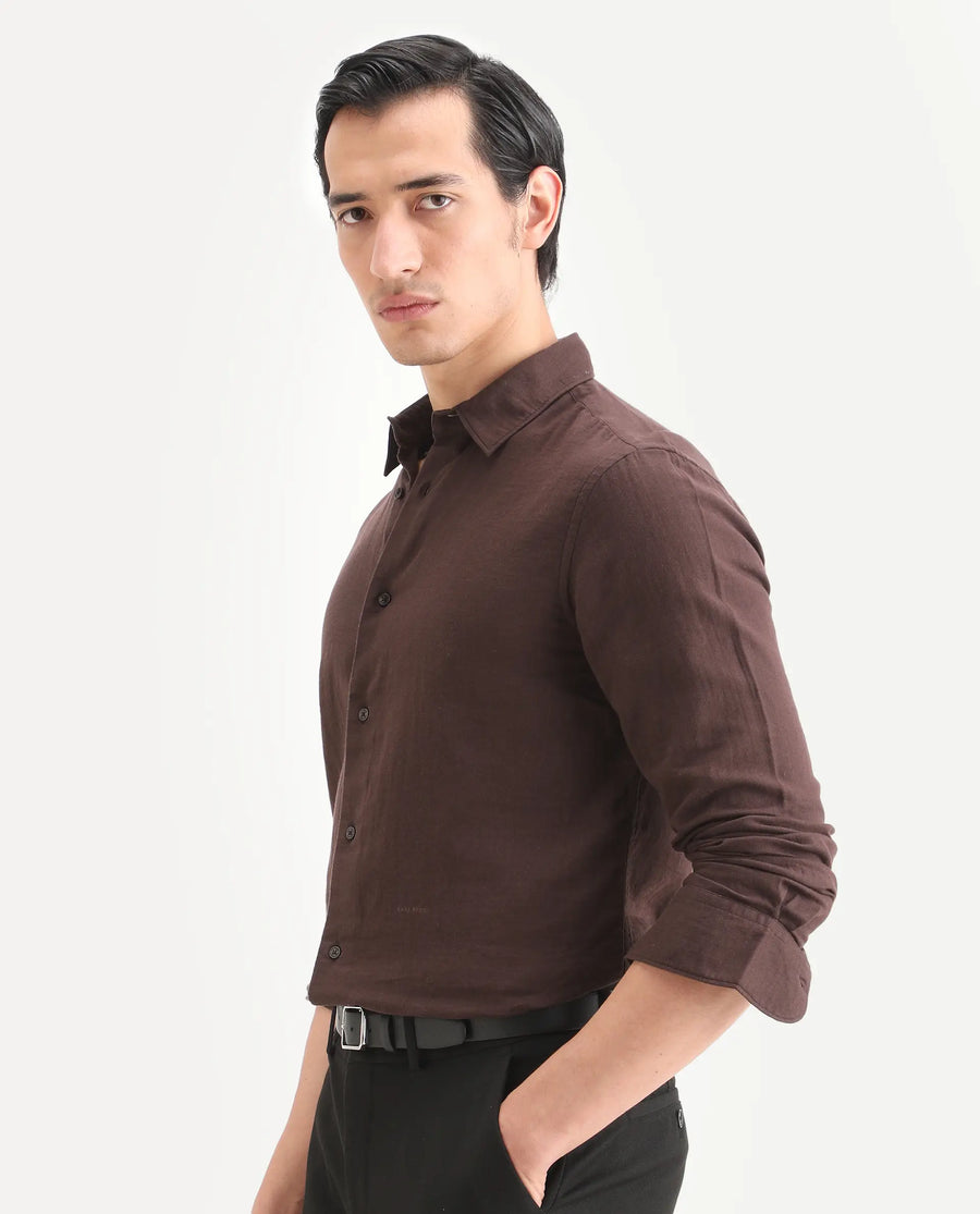 Rare Rabbit Men's Layerr-Ls Brown Cotton Fabric Full Sleeve Spread Collar Regular Fit Plain Shirt
