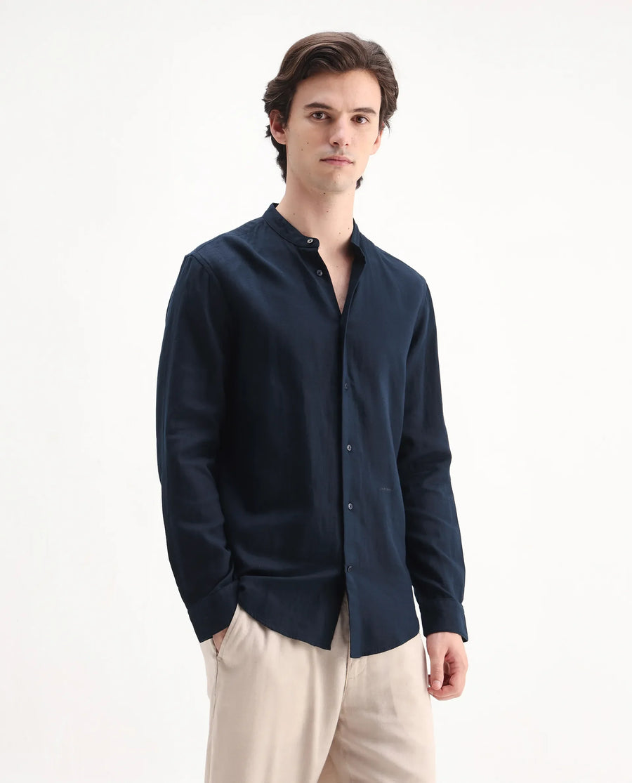Rare Rabbit Men's Layerr-Md-26 Navy Cotton Plain Regular Fit Full Sleeve Mandarin Collar Shirt