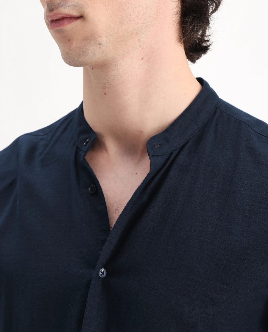 Rare Rabbit Men's Layerr-Md-26 Navy Cotton Plain Regular Fit Full Sleeve Mandarin Collar Shirt