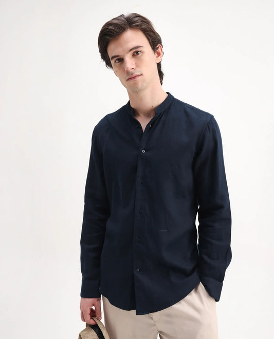 Rare Rabbit Men's Layerr-Md-26 Navy Cotton Plain Regular Fit Full Sleeve Mandarin Collar Shirt