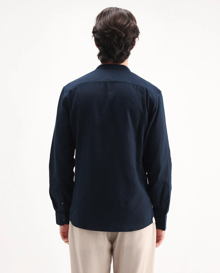Rare Rabbit Men's Layerr-Md-26 Navy Cotton Plain Regular Fit Full Sleeve Mandarin Collar Shirt