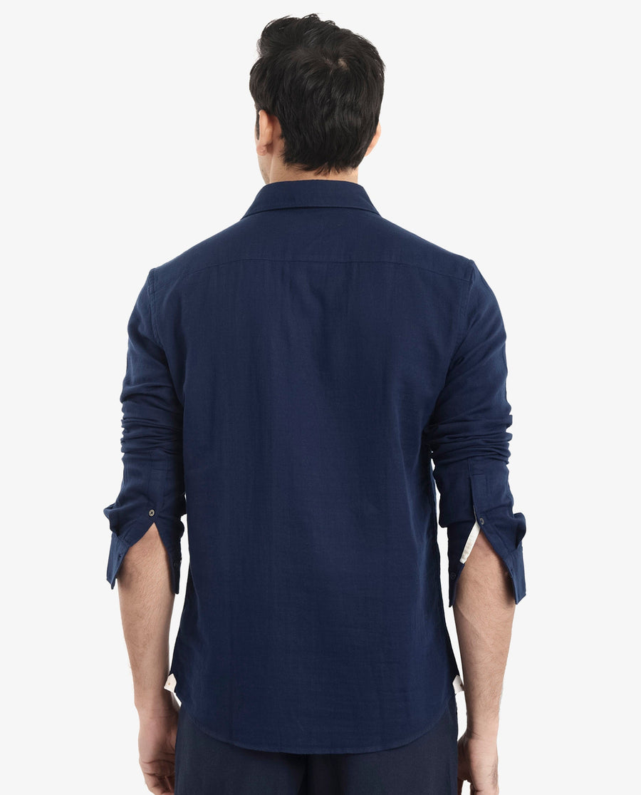 Rare Rabbit Men's Layerr-2 Navy Cotton Plain Regular Fit Full Sleeve Collared Shirt