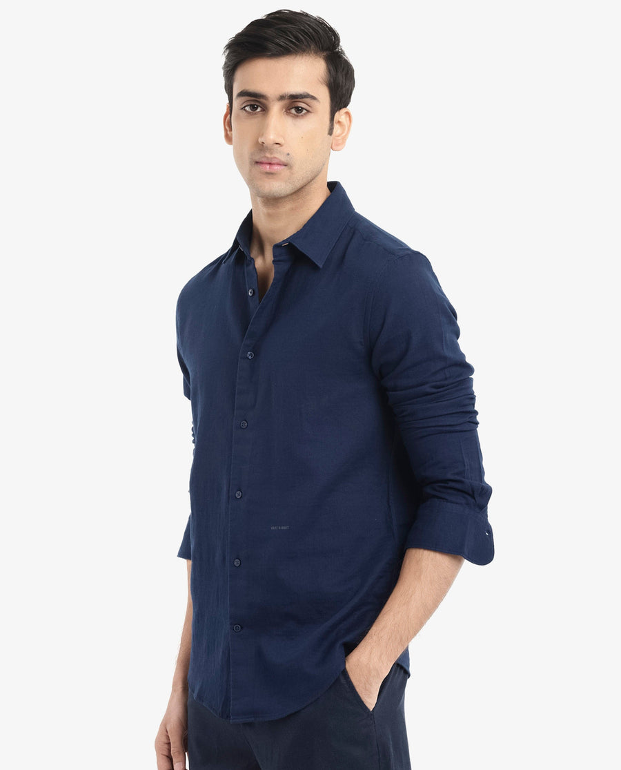 Rare Rabbit Men's Layerr-2 Navy Cotton Plain Regular Fit Full Sleeve Collared Shirt
