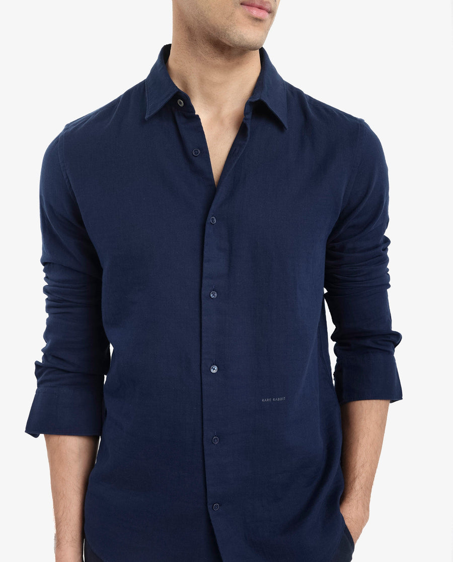 Rare Rabbit Men's Layerr-2 Navy Cotton Plain Regular Fit Full Sleeve Collared Shirt