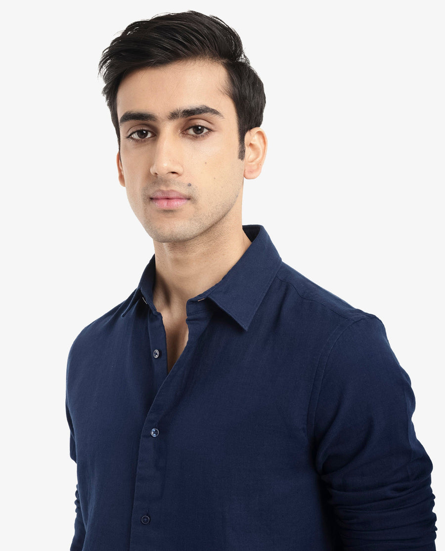 Rare Rabbit Men's Layerr-2 Navy Cotton Plain Regular Fit Full Sleeve Collared Shirt