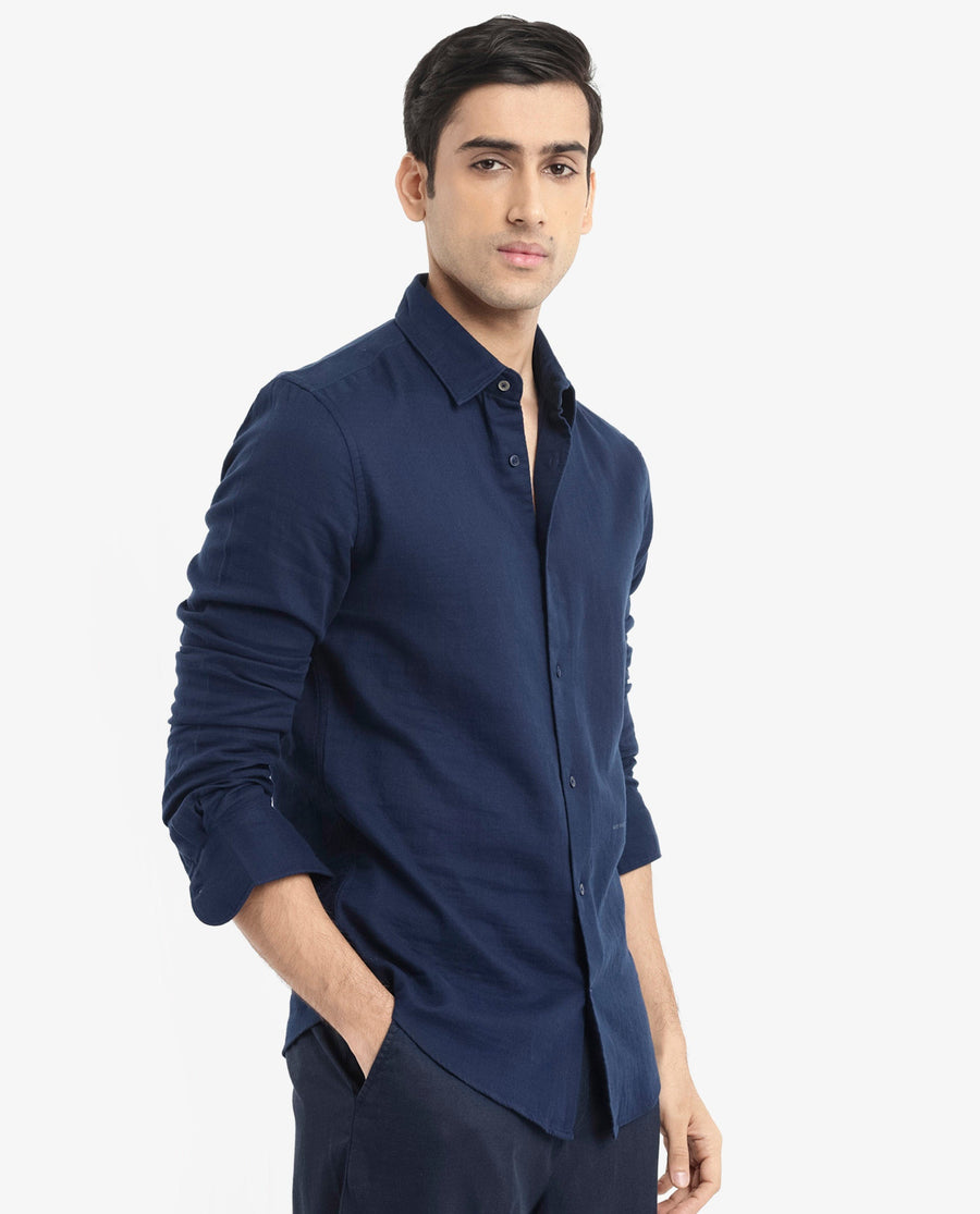 Rare Rabbit Men's Layerr-2 Navy Cotton Plain Regular Fit Full Sleeve Collared Shirt