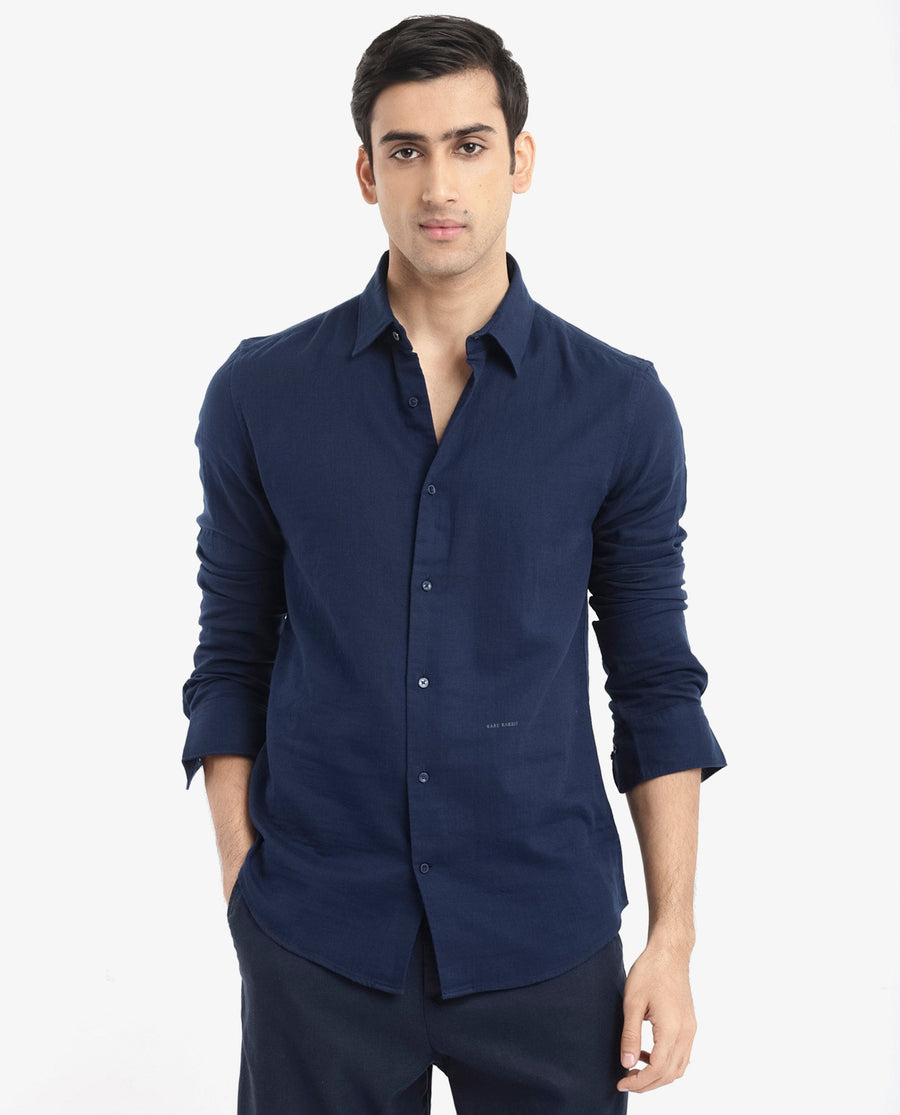 Rare Rabbit Men's Layerr-2 Navy Cotton Plain Regular Fit Full Sleeve Collared Shirt