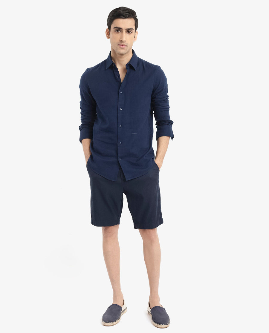 Rare Rabbit Men's Layerr-2 Navy Cotton Plain Regular Fit Full Sleeve Collared Shirt
