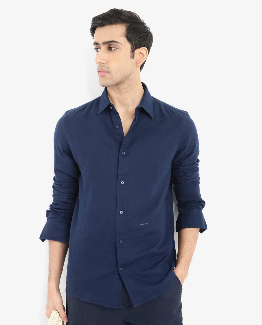 Rare Rabbit Men's Layerr-2 Navy Cotton Plain Regular Fit Full Sleeve Collared Shirt