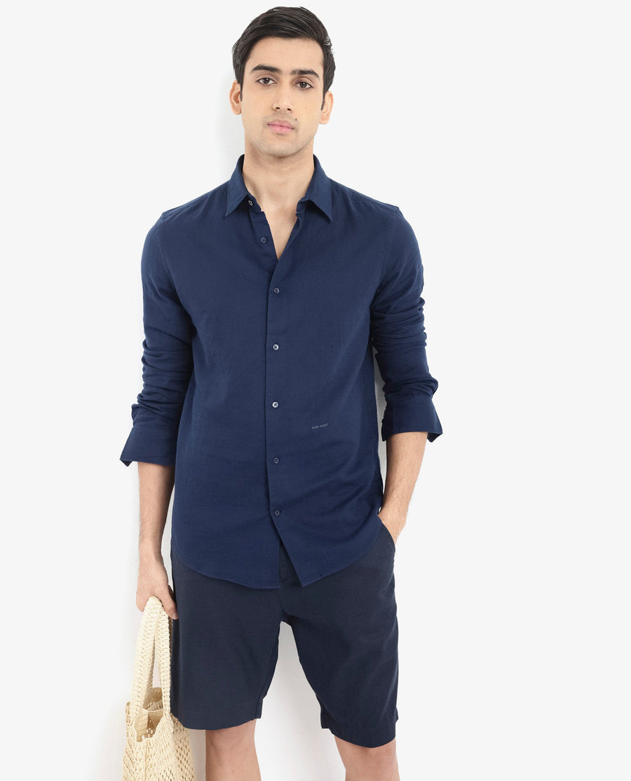 Rare Rabbit Men's Layerr-2 Navy Cotton Plain Regular Fit Full Sleeve Collared Shirt