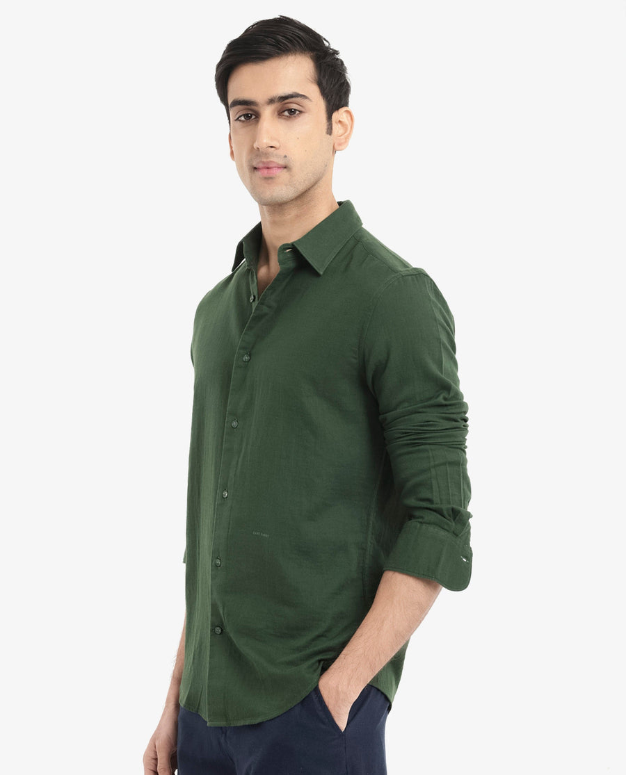 Rare Rabbit Men's Layerr-2 Olive Cotton Plain Regular Fit Full Sleeve Collared Shirt