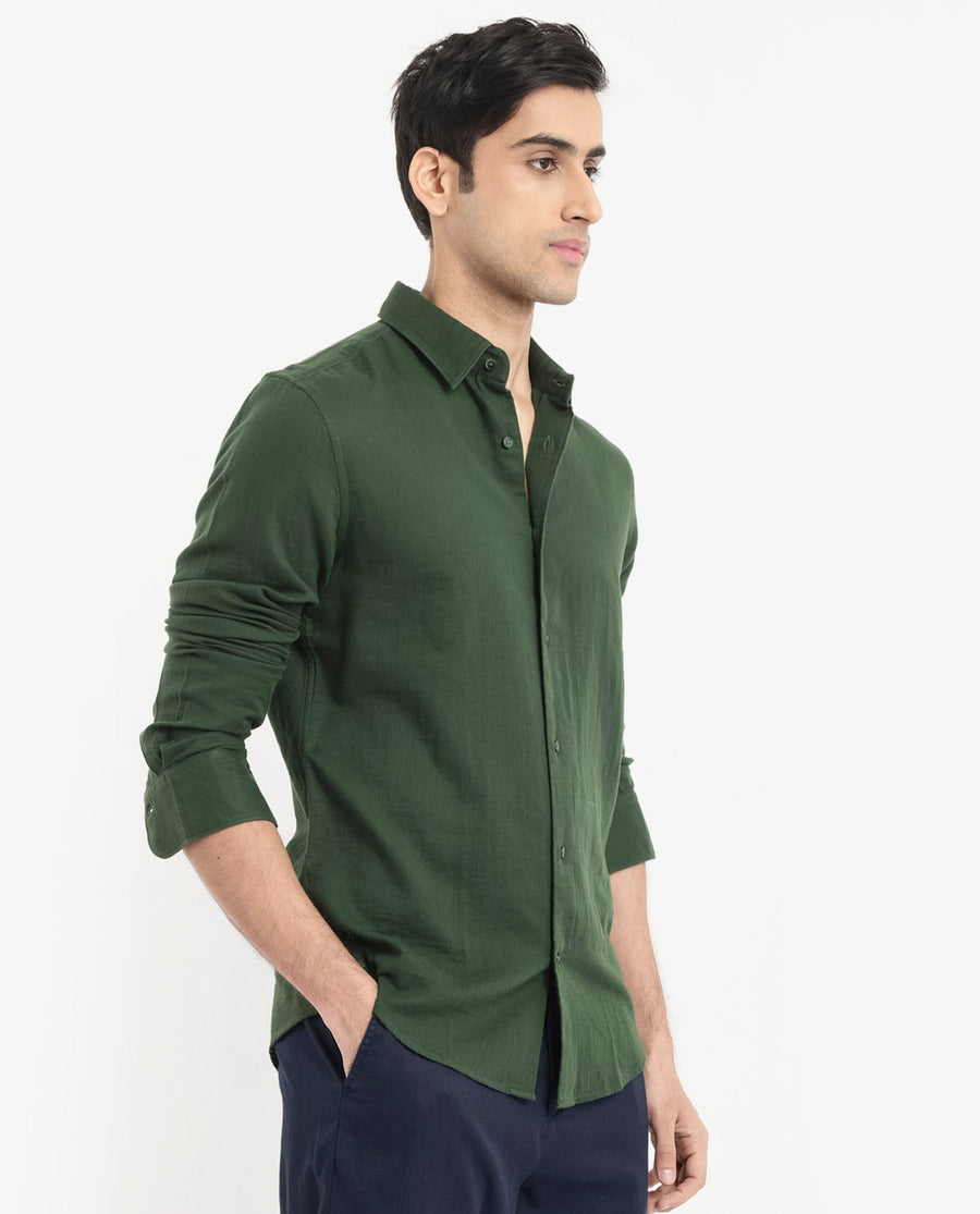 Rare Rabbit Men's Layerr-2 Olive Cotton Plain Regular Fit Full Sleeve Collared Shirt