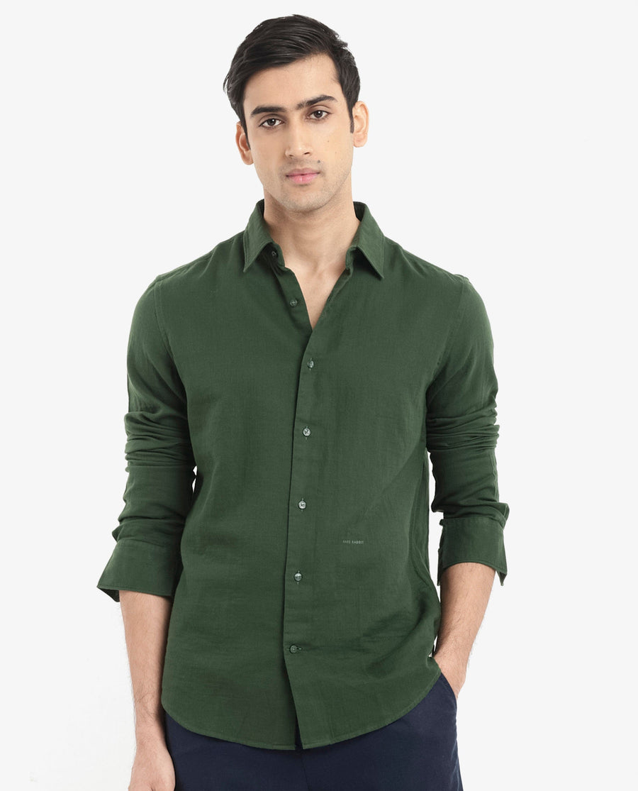 Rare Rabbit Men's Layerr-2 Olive Cotton Plain Regular Fit Full Sleeve Collared Shirt
