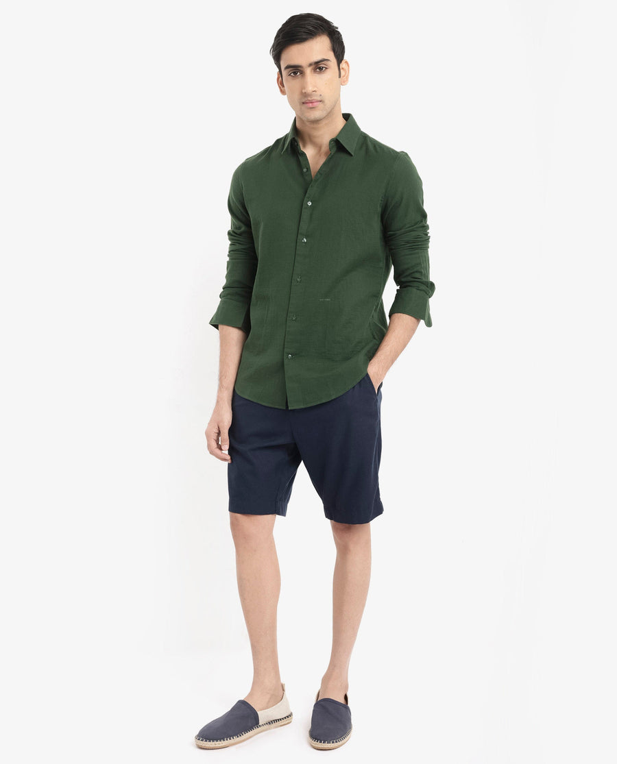 Rare Rabbit Men's Layerr-2 Olive Cotton Plain Regular Fit Full Sleeve Collared Shirt