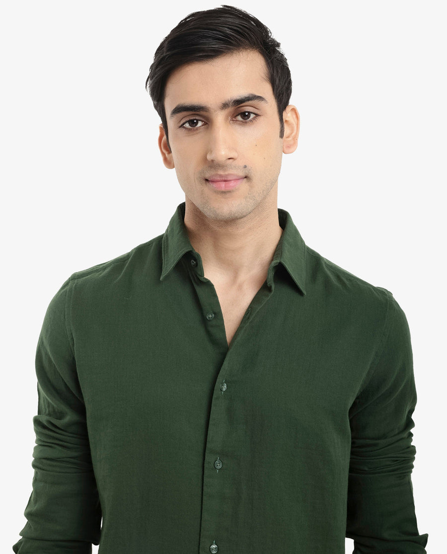 Rare Rabbit Men's Layerr-2 Olive Cotton Plain Regular Fit Full Sleeve Collared Shirt