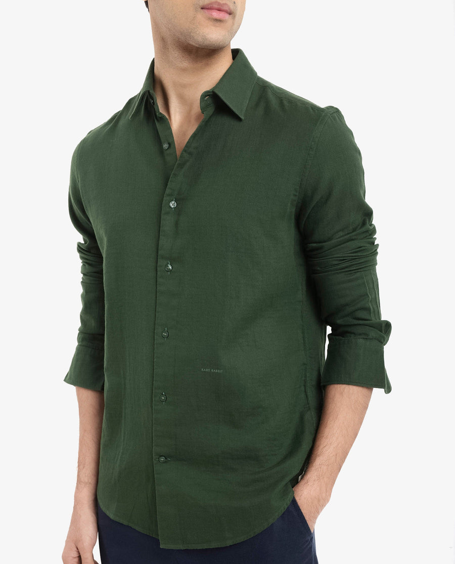 Rare Rabbit Men's Layerr-2 Olive Cotton Plain Regular Fit Full Sleeve Collared Shirt
