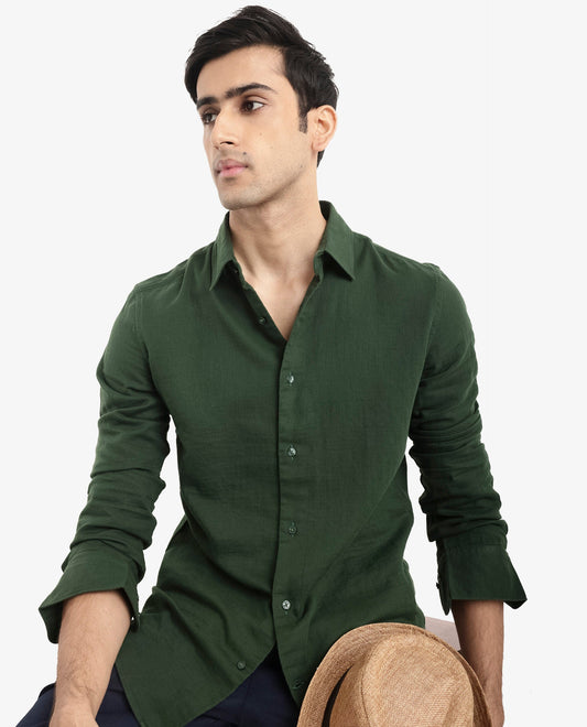 Rare Rabbit Men's Layerr-2 Olive Cotton Plain Regular Fit Full Sleeve Collared Shirt