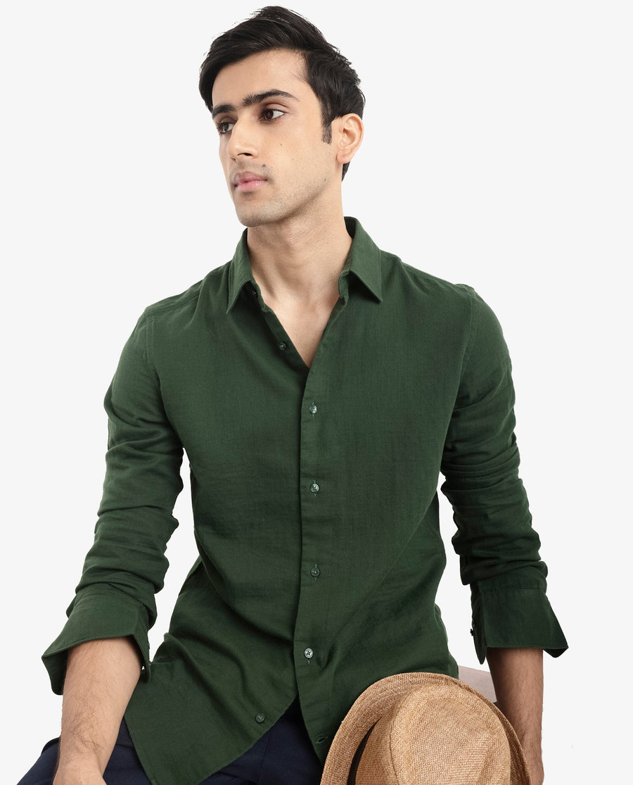 Rare Rabbit Men's Layerr-2 Olive Cotton Plain Regular Fit Full Sleeve Collared Shirt