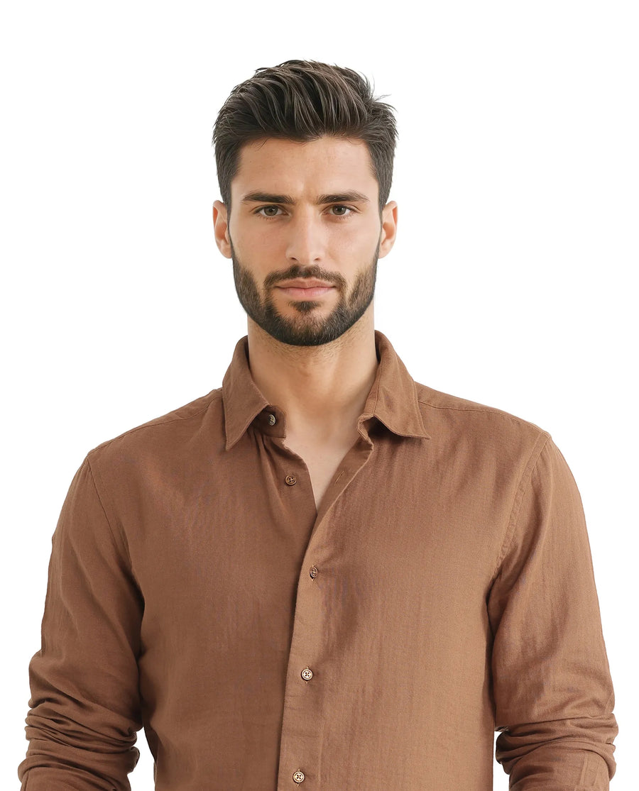 Rare Rabbit Men's Layerr Ls 25 Brown Cotton Plain Regular Fit Full Sleeve Collared Shirt