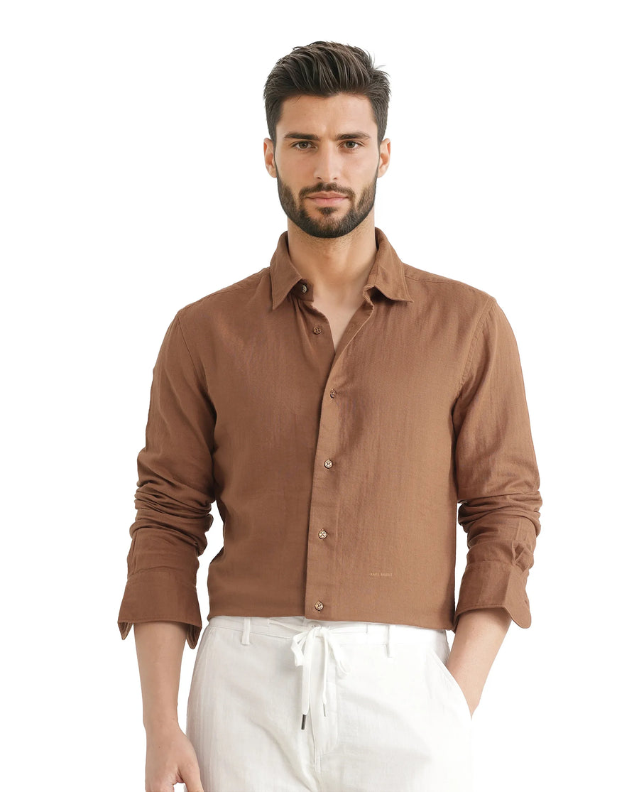 Rare Rabbit Men's Layerr Ls 25 Brown Cotton Plain Regular Fit Full Sleeve Collared Shirt