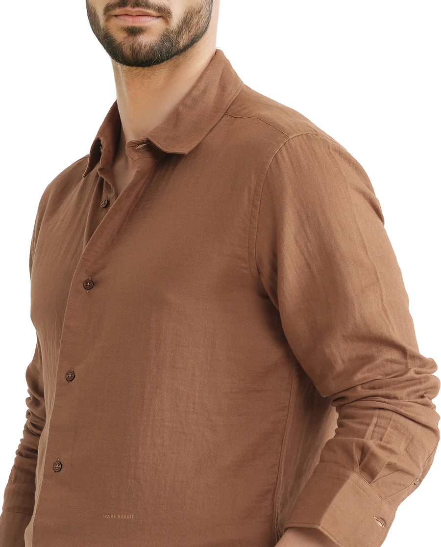 Rare Rabbit Men's Layerr Ls 25 Brown Cotton Plain Regular Fit Full Sleeve Collared Shirt