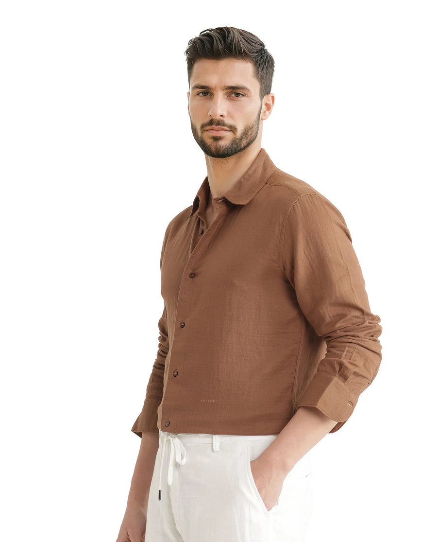 Rare Rabbit Men's Layerr Ls 25 Brown Cotton Plain Regular Fit Full Sleeve Collared Shirt