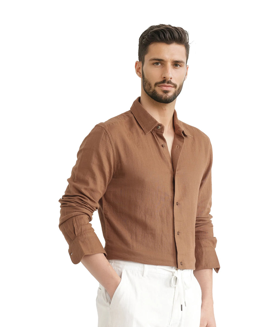 Rare Rabbit Men's Layerr Ls 25 Brown Cotton Plain Regular Fit Full Sleeve Collared Shirt