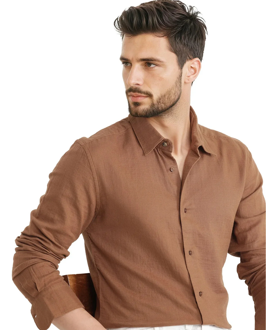 Rare Rabbit Men's Layerr Ls 25 Brown Cotton Plain Regular Fit Full Sleeve Collared Shirt