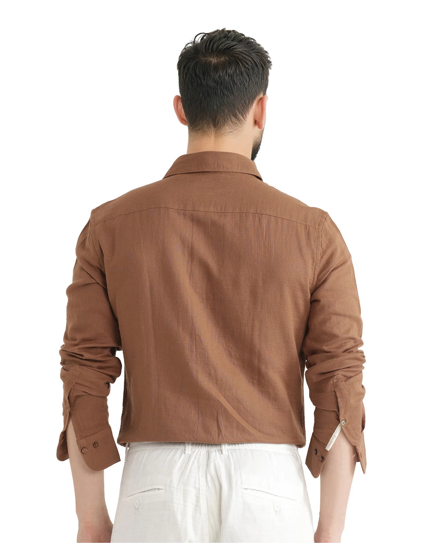 Rare Rabbit Men's Layerr Ls 25 Brown Cotton Plain Regular Fit Full Sleeve Collared Shirt
