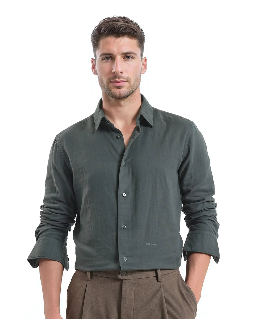 Rare Rabbit Men's Layerr Ls-25 Dark Green Cotton Plain Regular Fit Full Sleeve Collared Shirt
