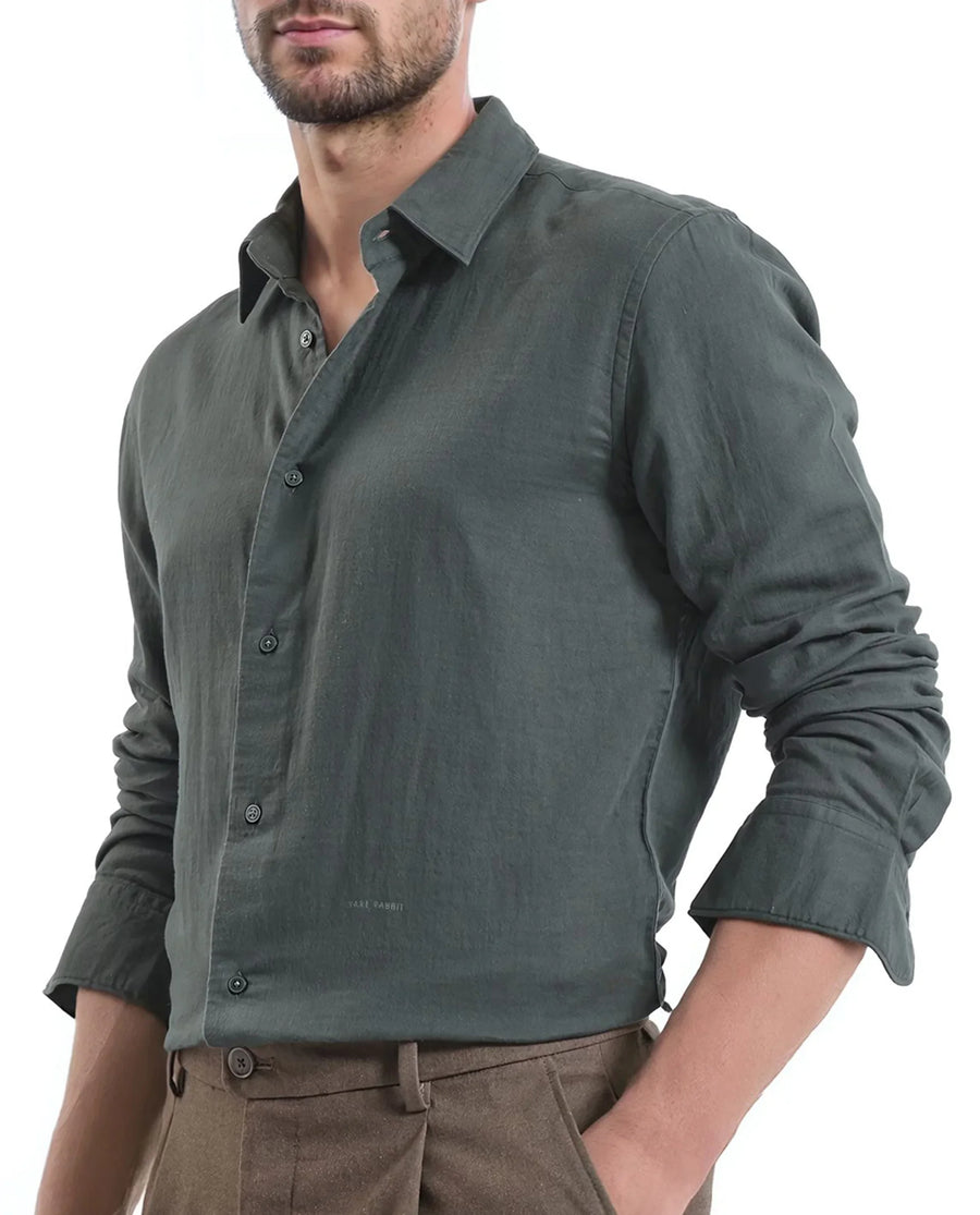 Rare Rabbit Men's Layerr Ls-25 Dark Green Cotton Plain Regular Fit Full Sleeve Collared Shirt