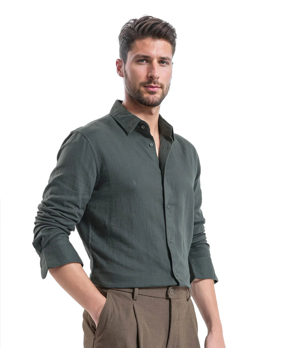 Rare Rabbit Men's Layerr Ls-25 Dark Green Cotton Plain Regular Fit Full Sleeve Collared Shirt