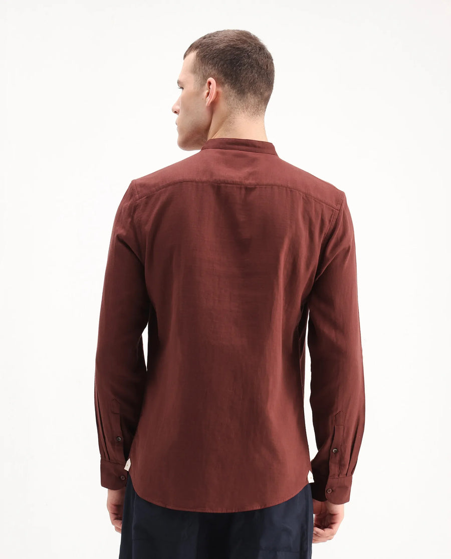 Rare Rabbit Men's Layerr-Md-26 Rust Cotton Plain Regular Fit Full Sleeve Mandarin Collar Shirt