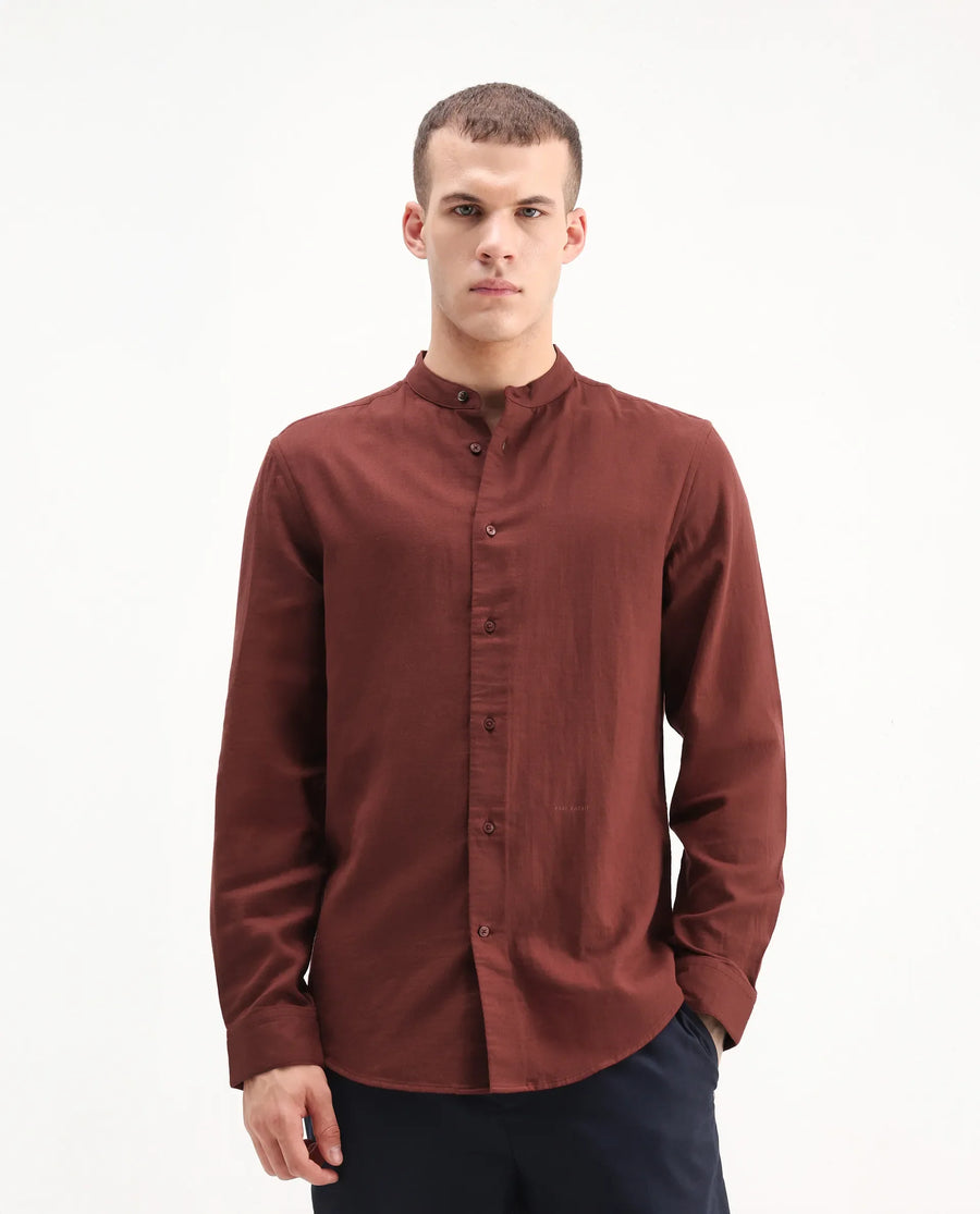 Rare Rabbit Men's Layerr-Md-26 Rust Cotton Plain Regular Fit Full Sleeve Mandarin Collar Shirt