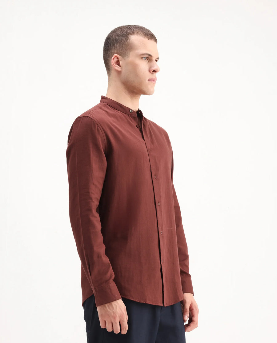 Rare Rabbit Men's Layerr-Md-26 Rust Cotton Plain Regular Fit Full Sleeve Mandarin Collar Shirt