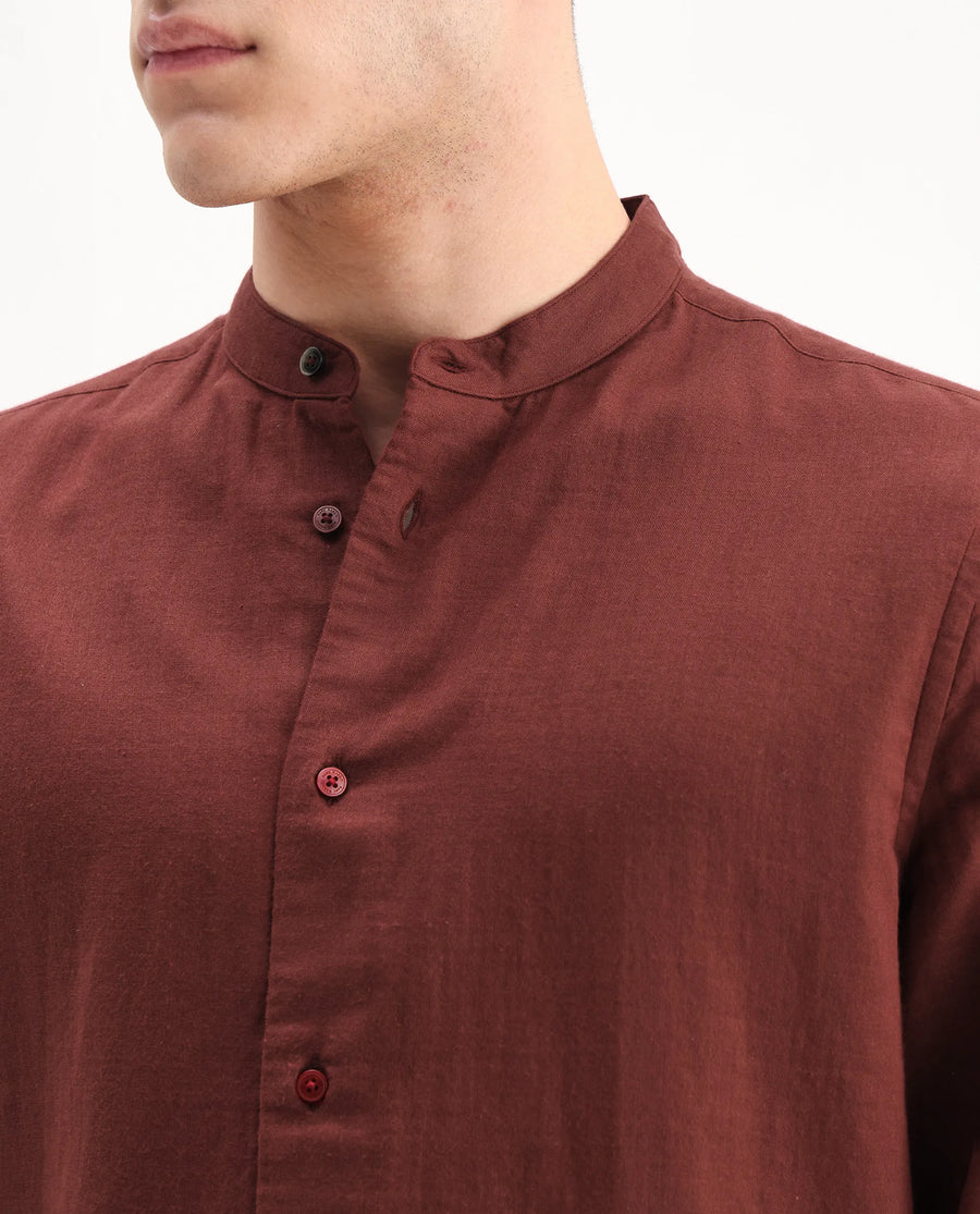 Rare Rabbit Men's Layerr-Md-26 Rust Cotton Plain Regular Fit Full Sleeve Mandarin Collar Shirt