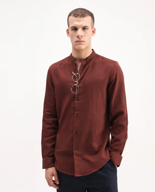 Rare Rabbit Men's Layerr-Md-26 Rust Cotton Plain Regular Fit Full Sleeve Mandarin Collar Shirt
