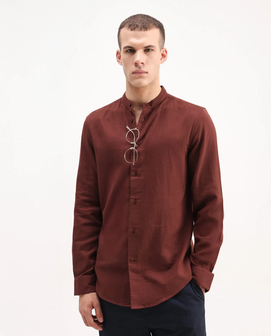 Rare Rabbit Men's Layerr-Md-26 Rust Cotton Plain Regular Fit Full Sleeve Mandarin Collar Shirt